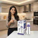 Load image into Gallery viewer, Woman in kitchen pointing to Max Fresh stainless steel feeding bottle with purple handles and cap