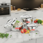Load image into Gallery viewer, Set of three Max Fresh stainless steel hot pots with lids on marble kitchen counter with fresh vegetables