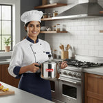 Load image into Gallery viewer, Smiling female chef in white uniform holding Max Fresh stainless steel pressure cooker in modern kitchen