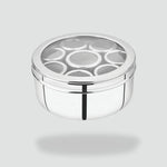 Load image into Gallery viewer, Silver stainless steel spice box with seven compartments and transparent lid on gray background