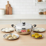 Load image into Gallery viewer, Stainless steel MaxFresh multi-purpose katta with lid and four plates of traditional Indian snacks on wooden kitchen counter