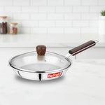 Load image into Gallery viewer, Max Fresh stainless steel frying pan with glass lid and dark wooden handle on kitchen countertop