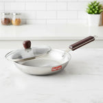 Load image into Gallery viewer, Stainless steel MaxFresh frying pan with glass lid and wooden handle on white marble kitchen countertop