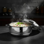 Load image into Gallery viewer, Steaming cooked rice with vegetables in a stainless steel MaxFresh container with lid on side