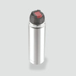 Load image into Gallery viewer, Silver stainless steel insulated thermos flask with black and red lid on gray background