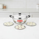Load image into Gallery viewer, Max Fresh stainless steel idli cooker with three idli plates containing raw batter discs on white kitchen countertop