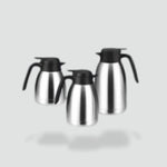 Load image into Gallery viewer, Three stainless steel thermal coffee pots with black handles and lids on gray background
