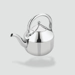 Load image into Gallery viewer, Shiny stainless steel tea kettle with curved spout and top handle on gray background