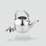 Load image into Gallery viewer, Polished stainless steel tea kettle with curved spout and open lid against white background