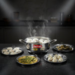 Load image into Gallery viewer, Steaming multi-tier Idli maker with steamed idlis, uttapam, momos, and kebabs on stainless steel plates on kitchen counter