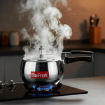 Load image into Gallery viewer, Max Fresh stainless steel pressure cooker on gas stove with steam rising in modern kitchen