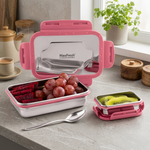 Stainless Steel Lunch Box Inox Snacksbox Small 1 Pc Big Lunch Box with SS Lid (550 ml), 1 Pc Small Box with SS Lid (110 ml) with Spoon