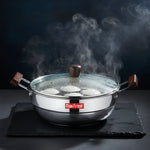Load image into Gallery viewer, Max Fresh stainless steel multi kadai with wooden handles steaming eggs under glass lid