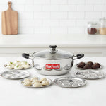 Load image into Gallery viewer, Max Fresh stainless steel multi Kadai with glass lid and six stainless steel idli plates in a white kitchen