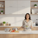 Load image into Gallery viewer, Smiling woman in modern kitchen holding stainless steel pot with rice beside two pots and fresh vegetables