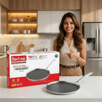 Load image into Gallery viewer, Woman presenting Max Fresh Pro Series 28cm Honeycomb design dosa tawa stainless steel pan in modern kitchen