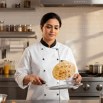 Load image into Gallery viewer, Female chef in white uniform flipping hot roti bread on skillet in modern kitchen