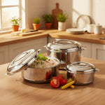 Load image into Gallery viewer, Set of three stainless steel hotpots on wooden kitchen countertop with cooked rice and fresh vegetables