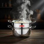 Load image into Gallery viewer, Max Fresh stainless steel 2-tier steamer pot with steam and dumplings on a wooden table