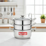 Load image into Gallery viewer, Max Fresh three-tier stainless steel food steamer pot with glass lid on white kitchen counter