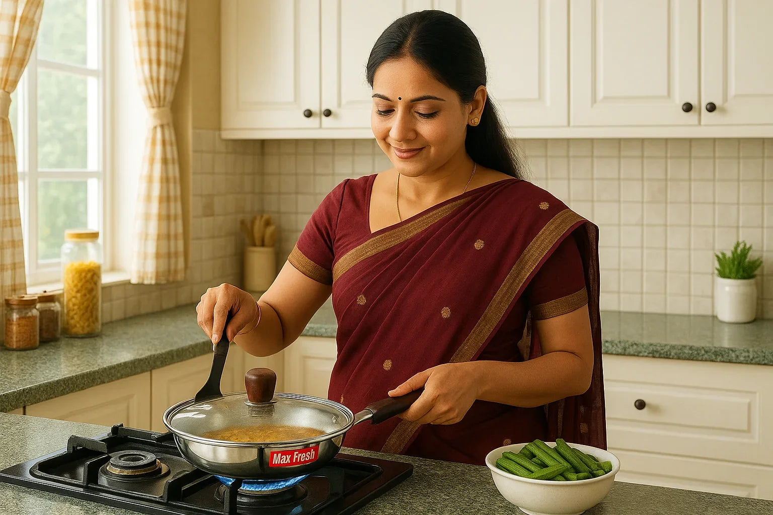 Woman cooking in a modern kitchen using a stainless steel saucepan on a gas stove