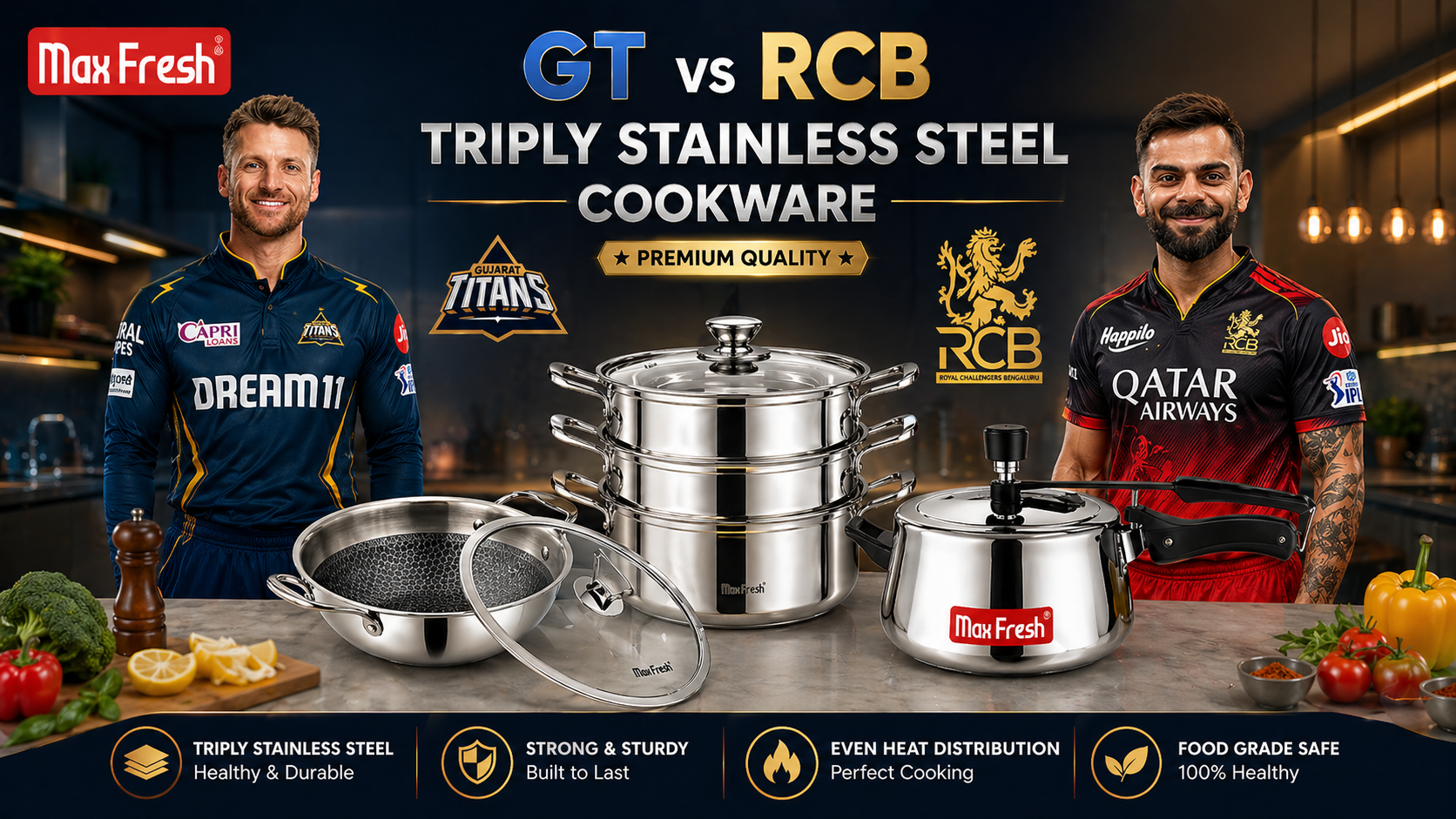 GT vs RCB Match 42 Preview, IPL 2026 | Maxfresh — Best Stainless Steel Cookware Brand India