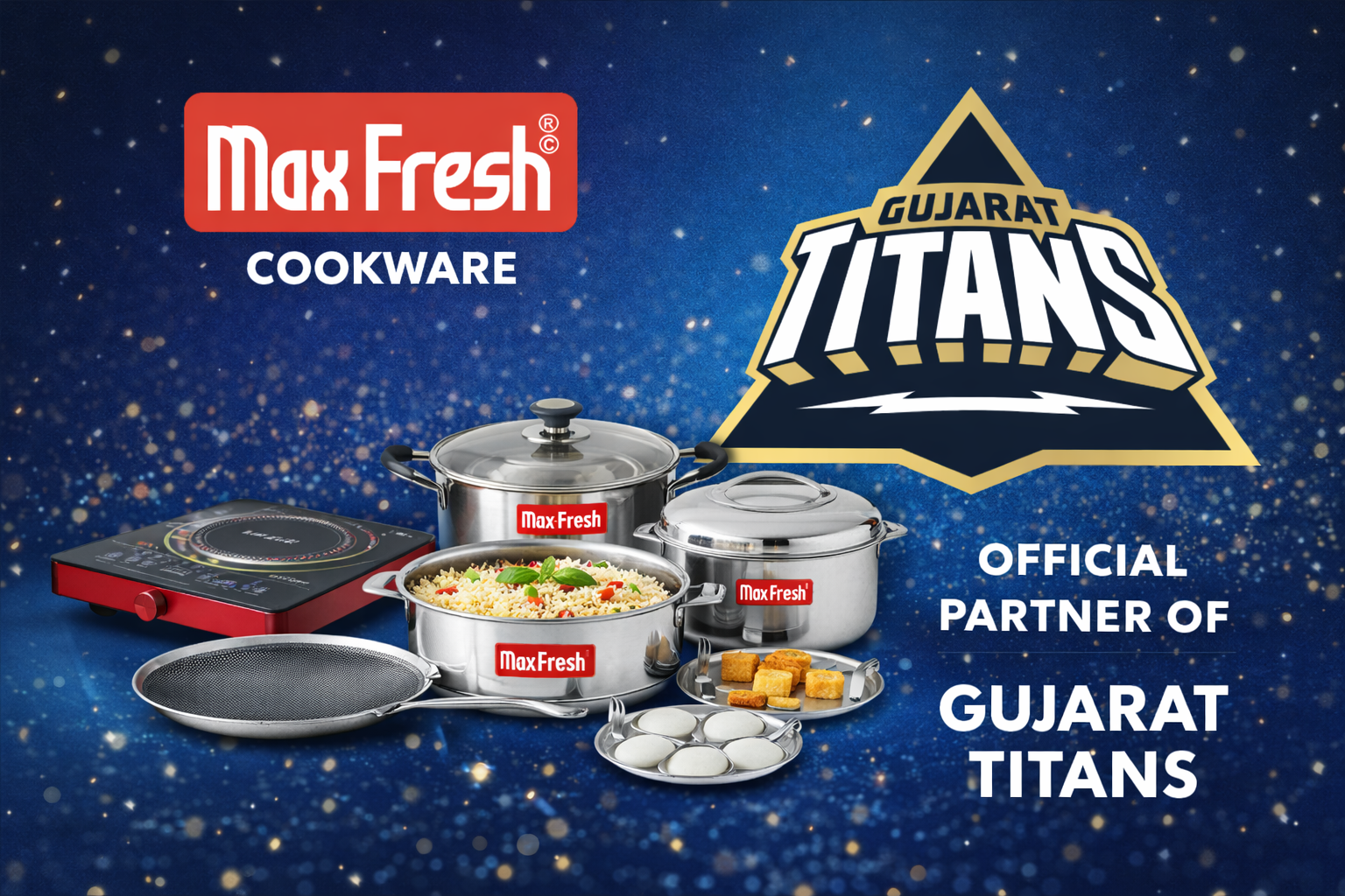 Premium stainless steel cookware set with induction stove, Gujarat Titans partnership display
