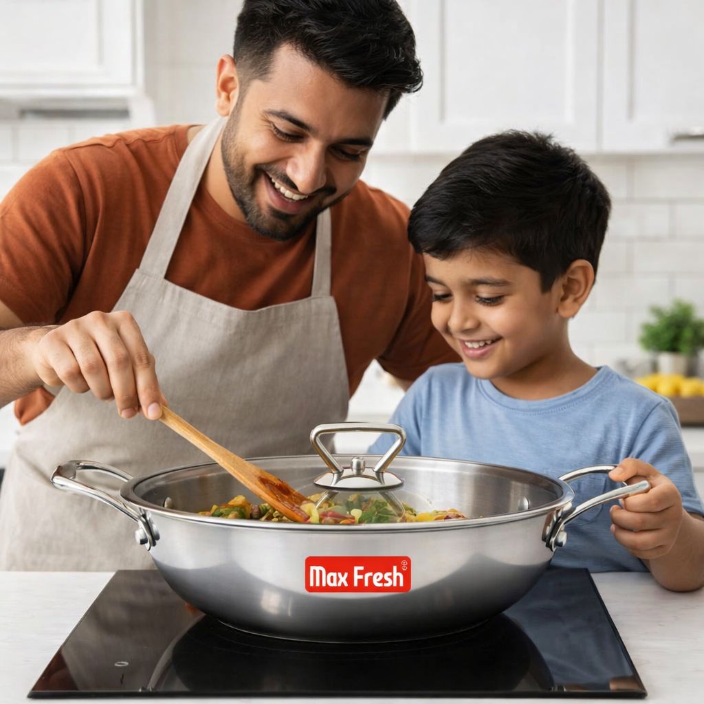 Father and son cooking vegetables in a premium stainless steel casserole on stovetop
