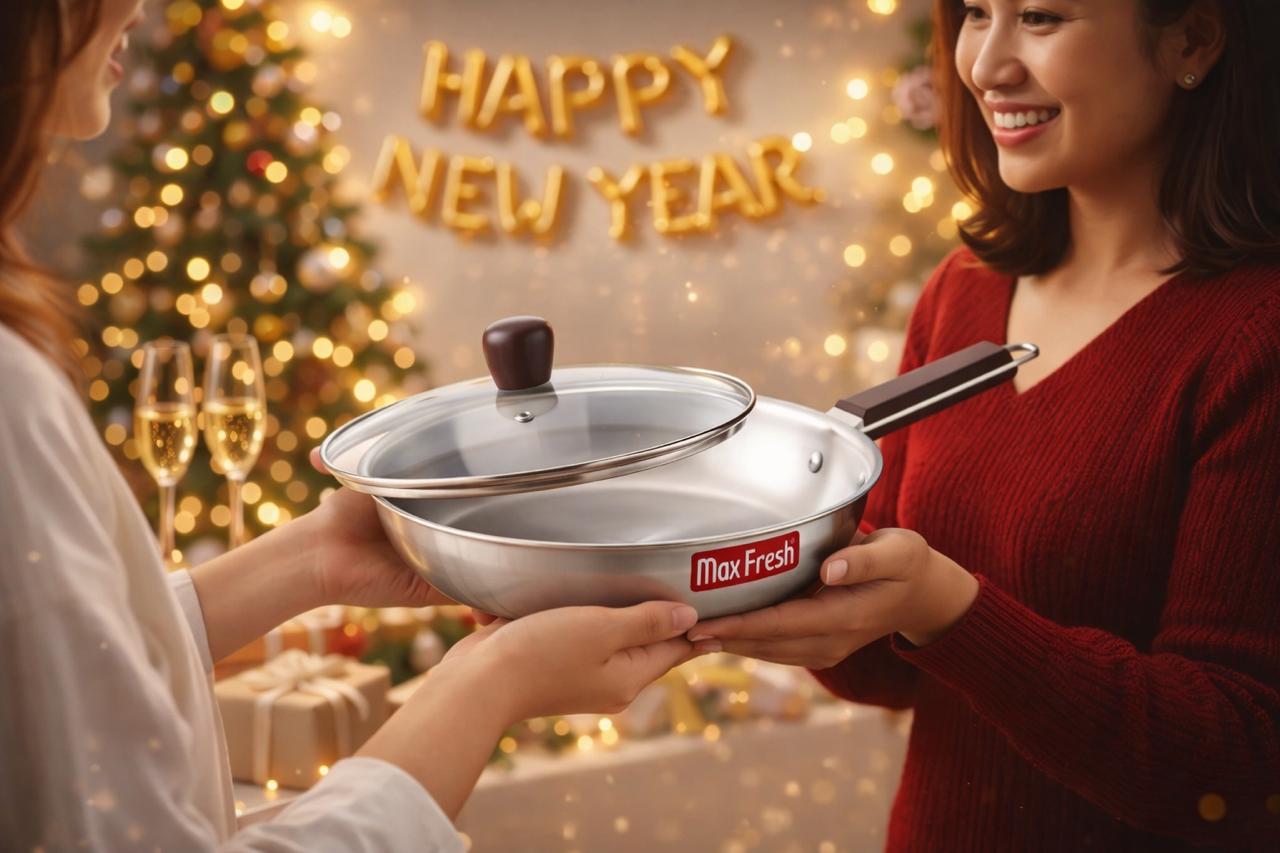 Two women exchanging a stainless steel casserole with glass lid at festive New Year celebration