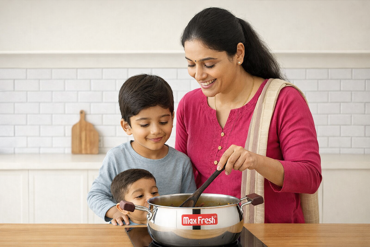 Woman and children cooking with stainless steel triply casserole on induction cooktop in kitchen