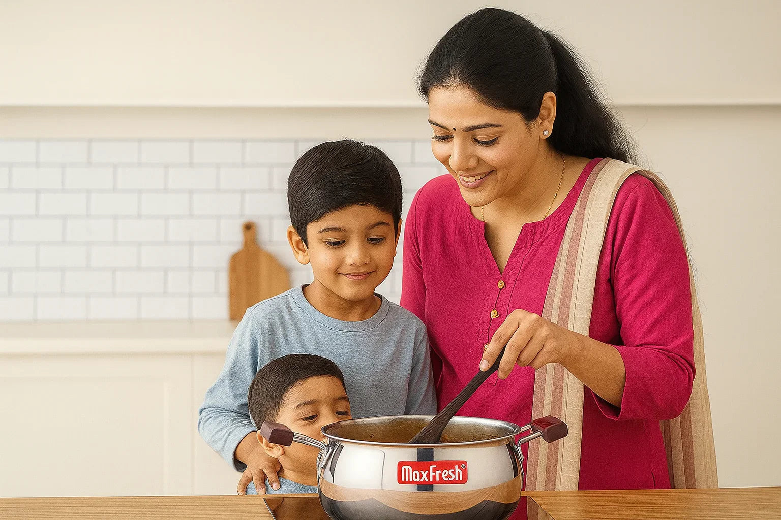 Mother cooking with children using stainless steel casserole in modern kitchen
