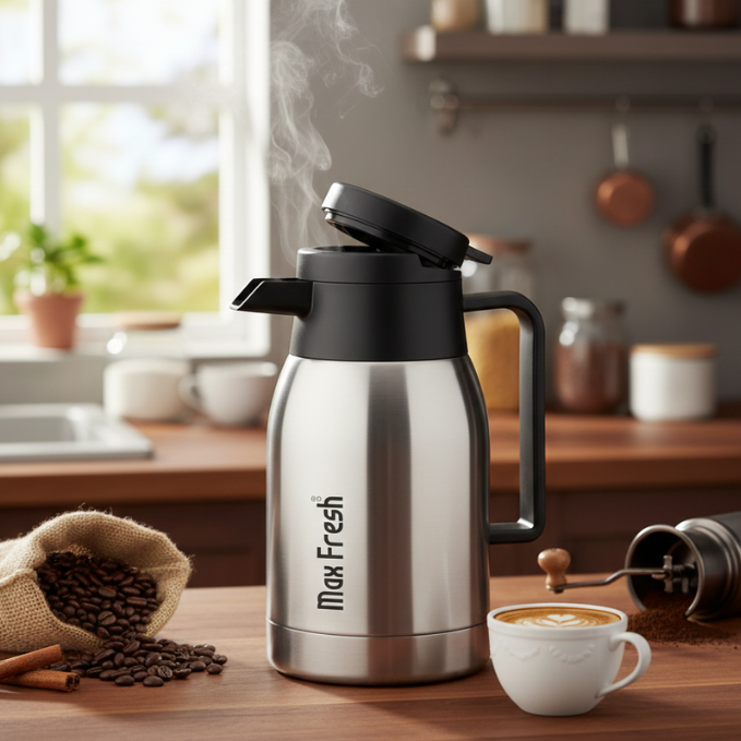 Stainless steel thermal flask with open lid on kitchen counter, surrounded by coffee and cups