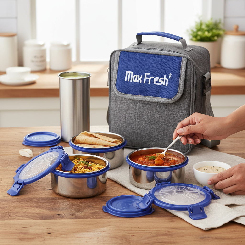 Stainless steel lunch box set with blue lids, insulated bag, and homemade food on kitchen table.