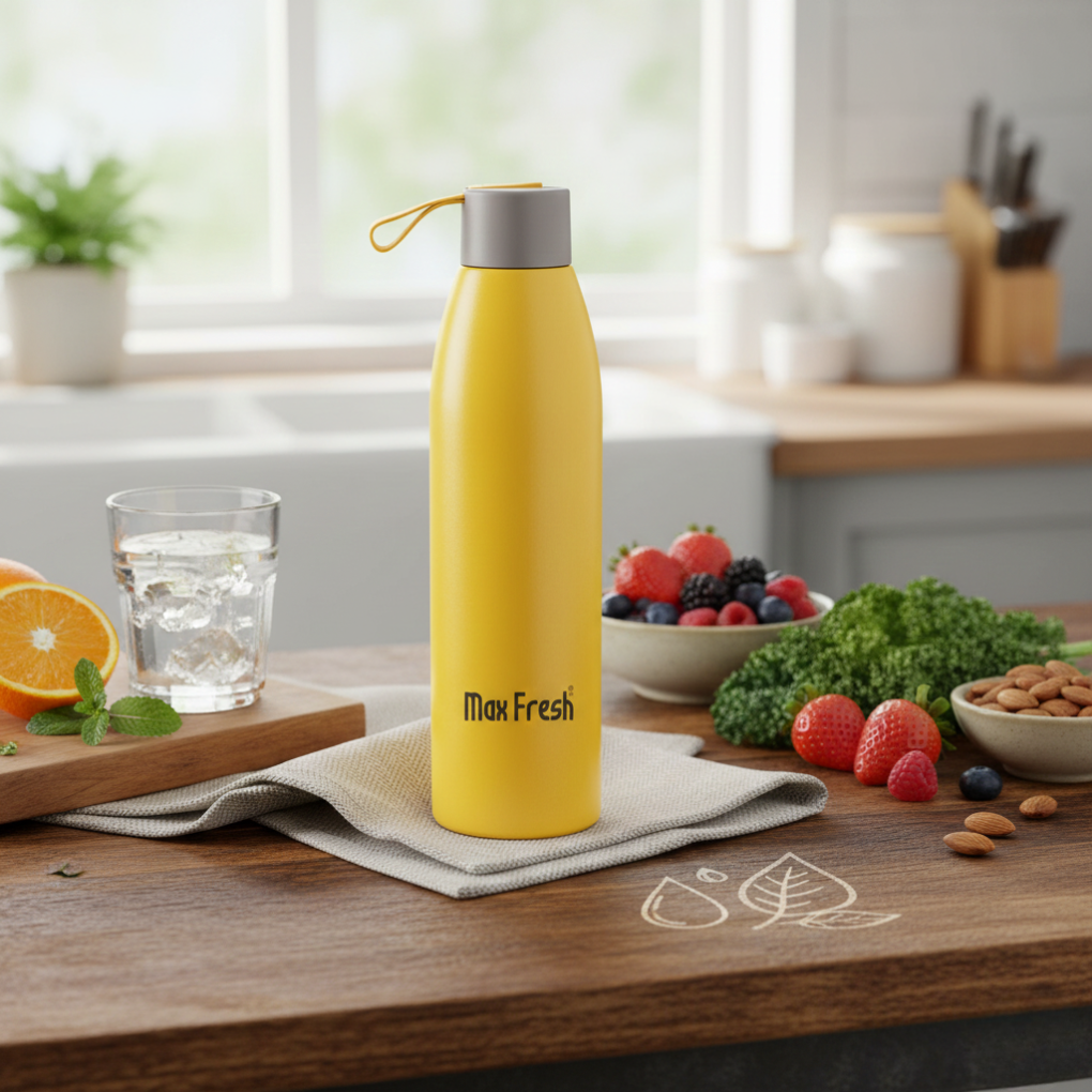 Yellow stainless steel water bottle on kitchen counter with fresh fruits and greens