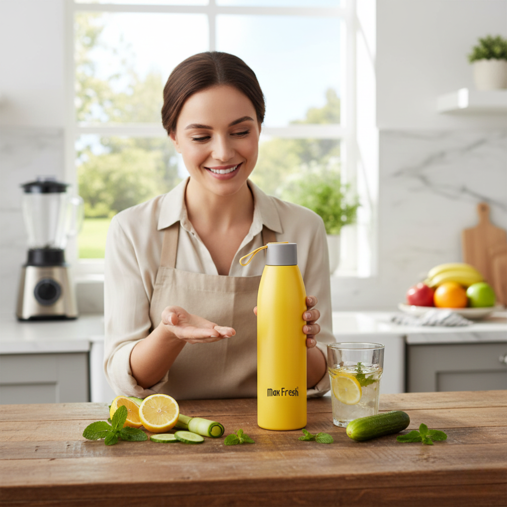 Woman in kitchen with yellow stainless steel bottle, lemon, cucumber, mint, and Max Fresh label
