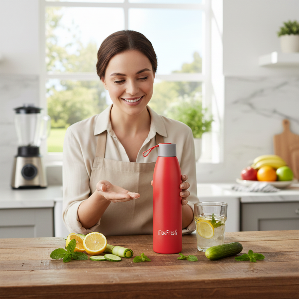 Woman in kitchen with red stainless steel water bottle, fresh lemon and cucumber on counter.