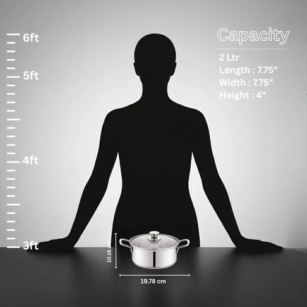 2 liter stainless steel cooking pot with glass lid and handles, shown with human silhouette for size