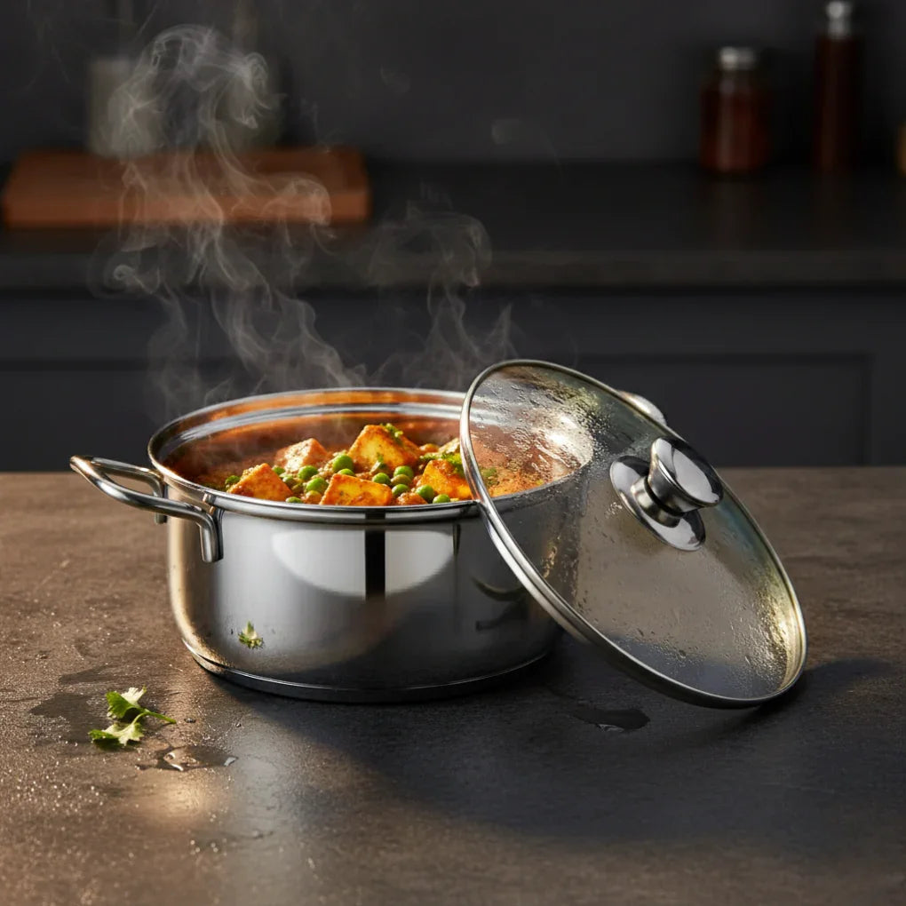 Stainless steel casserole with glass lid, filled with steaming cooked food on a kitchen counter