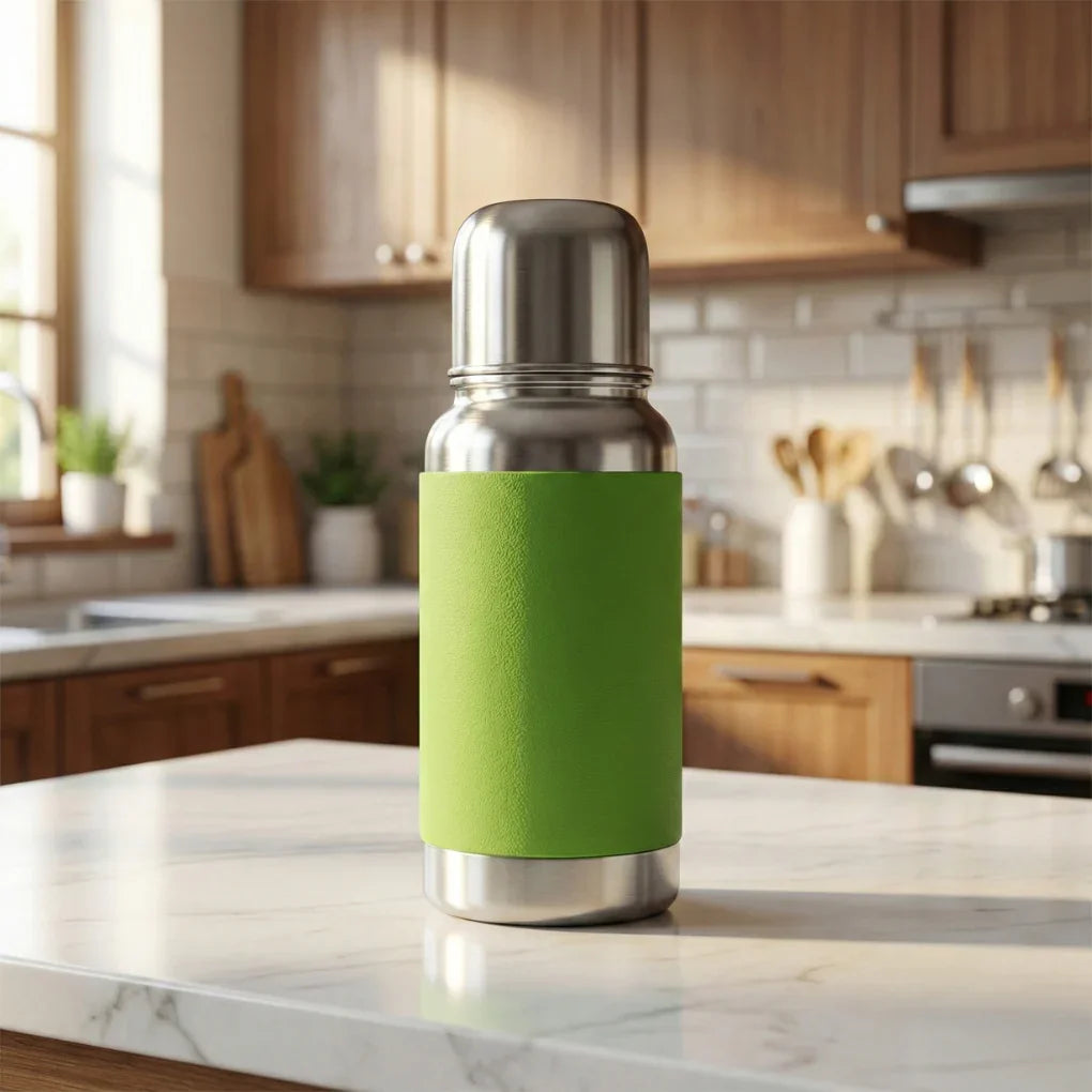 Stainless steel vacuum flask with green silicone sleeve on kitchen marble countertop