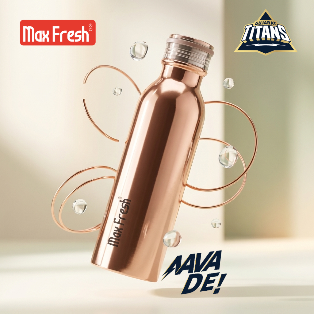 Copper stainless steel water bottle with Max Fresh logo, floating with water droplets, kitchenware