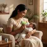 Load image into Gallery viewer, Mother in traditional attire feeding baby with green and silver baby bottle in cozy living room