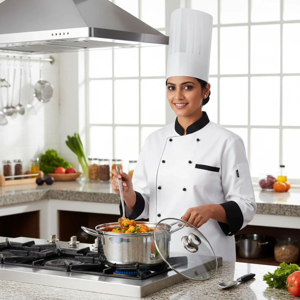 Female chef in white uniform cooking vegetable curry in stainless steel pot in modern kitchen