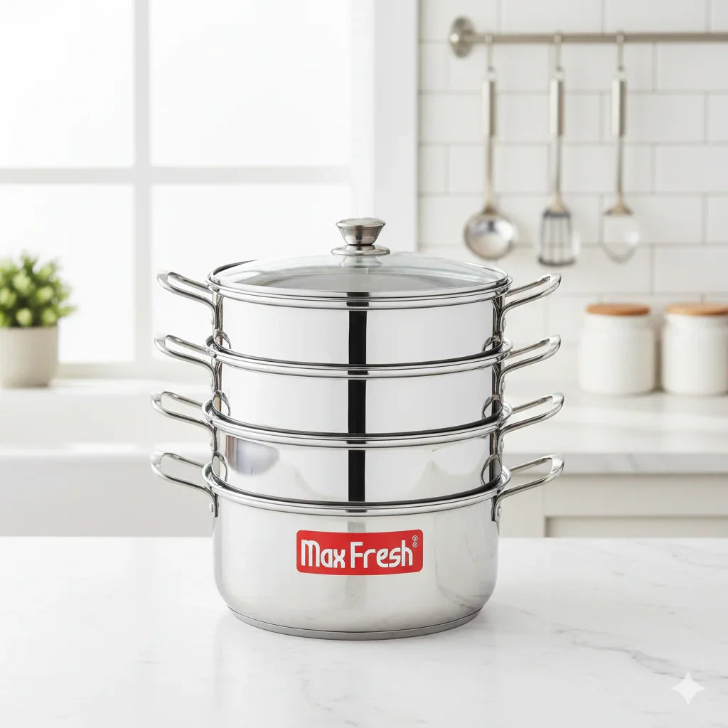 Four-tier stainless steel steamer pot with lid on kitchen counter