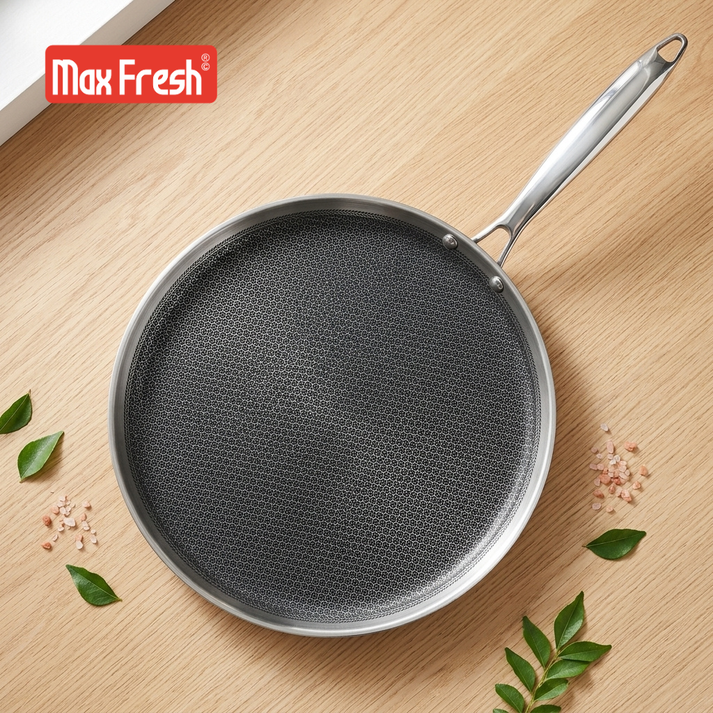 Premium Triply Stainless Steel Non-Stick Honeycomb Tawa Dosa/ Uttapa Tawa | Induction Friendly | Cool Touch Riveted Handle | 2.5mm Thickness | 1 Years Warranty MaxFresh Cookware