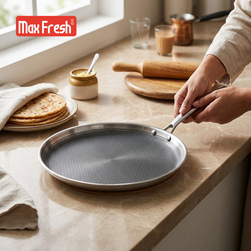 Premium Triply Stainless Steel Non-Stick Honeycomb Tawa Dosa/ Uttapa Tawa | Induction Friendly | Cool Touch Riveted Handle | 2.5mm Thickness | 1 Years Warranty MaxFresh Cookware