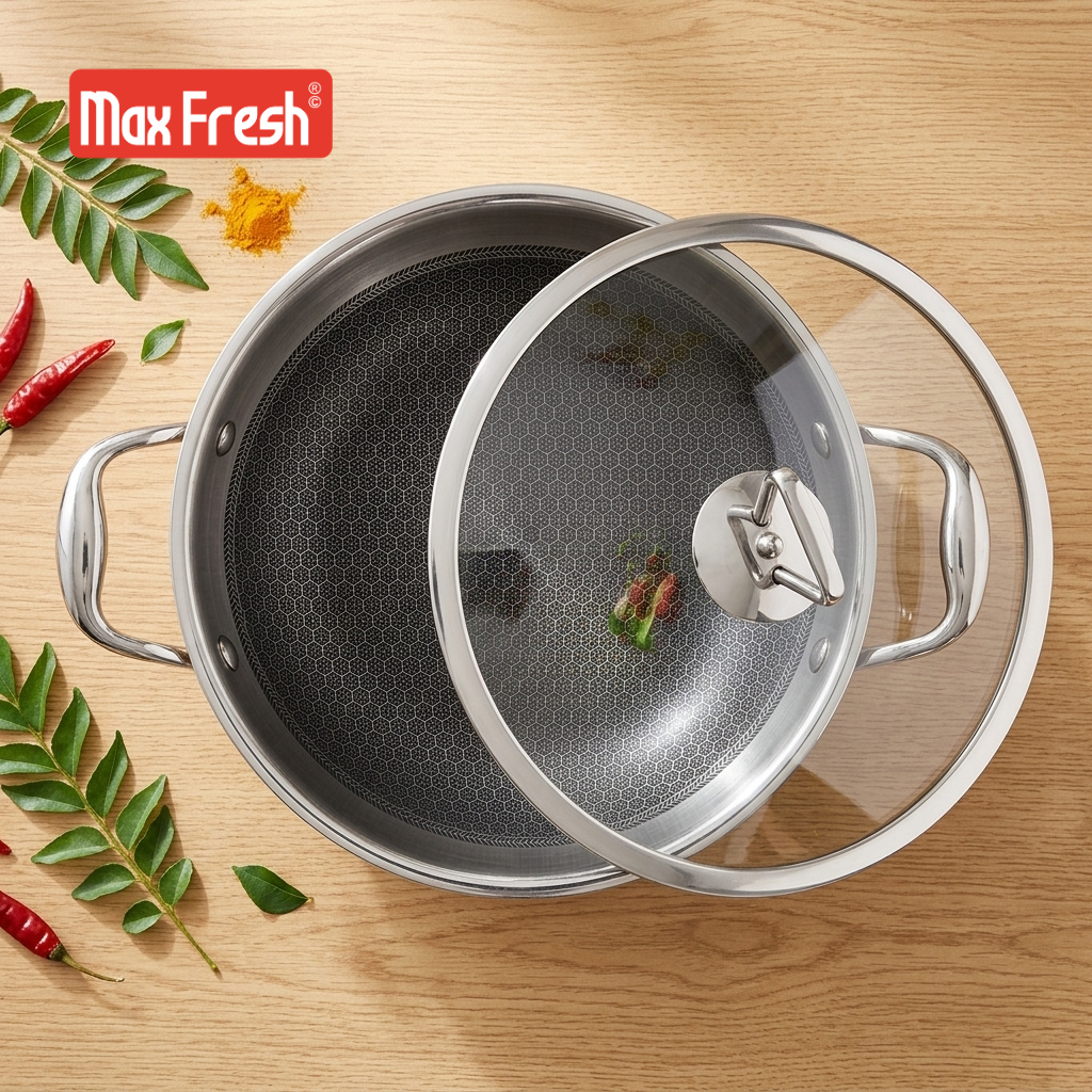 Premium Triply Stainless Steel Honeycomb Deep Non-Stick Kadai with Glass Lid | Induction & Gas Stove Compatible | 2.5mm Thickness | 1 Year Warranty MaxFresh Cookware