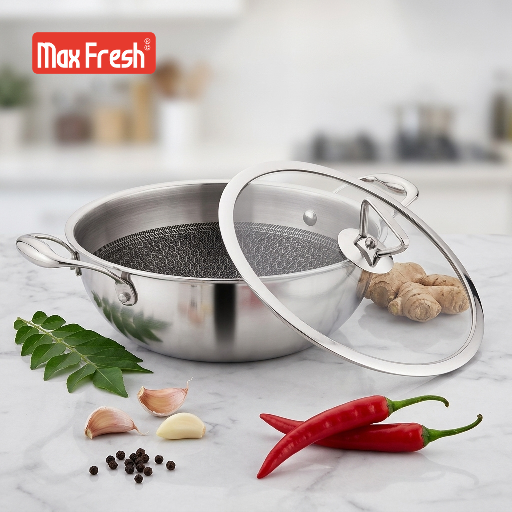 Premium Triply Stainless Steel Honeycomb Deep Non-Stick Kadai with Glass Lid | Induction & Gas Stove Compatible | 2.5mm Thickness | 1 Year Warranty MaxFresh Cookware