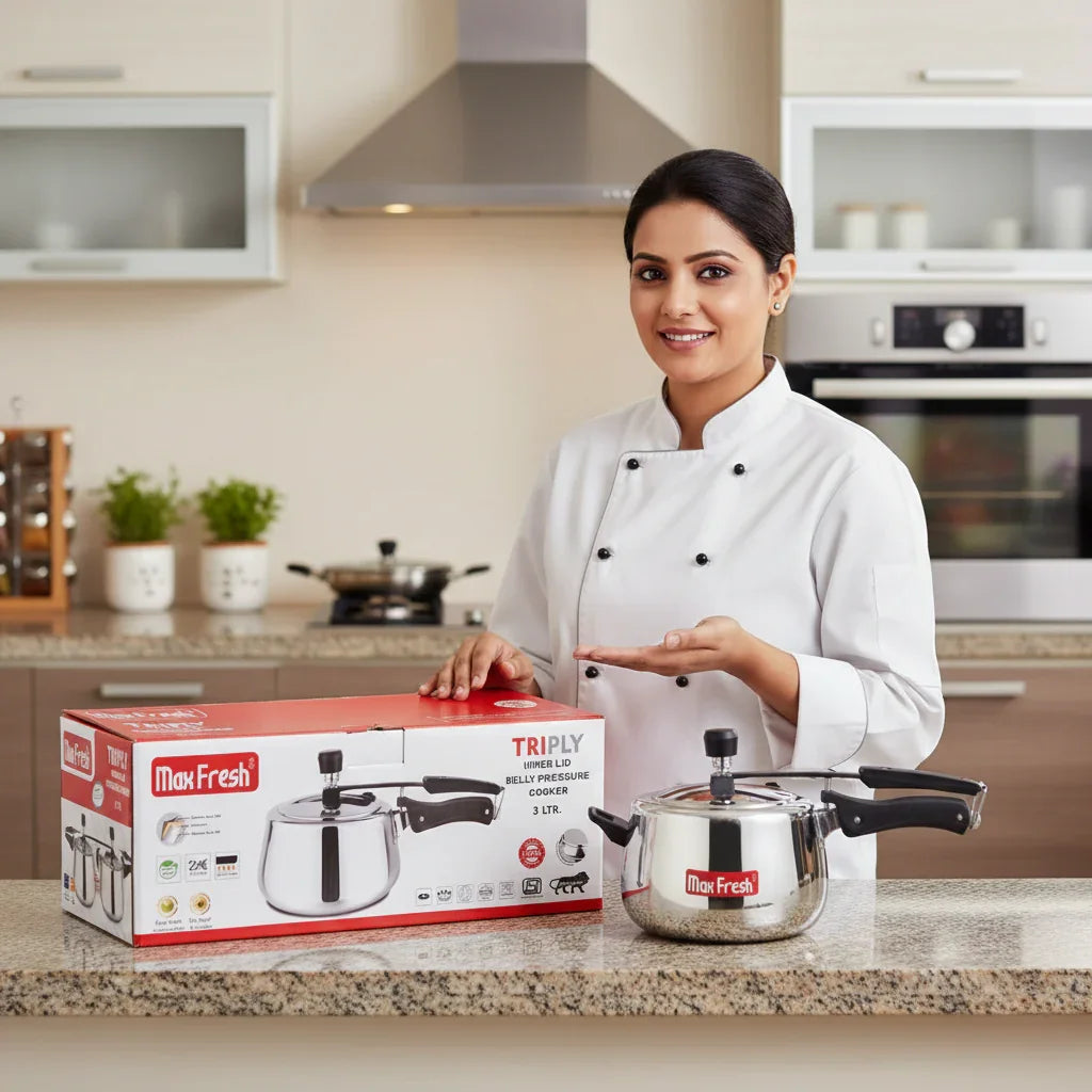 Chef presenting Max Fresh triply stainless steel pressure cooker in modern kitchen