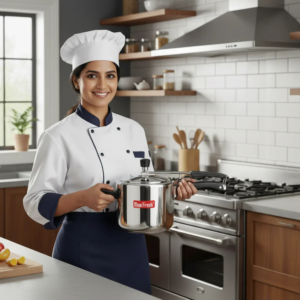 Chef holding stainless steel pressure cooker in modern kitchen, premium cookware