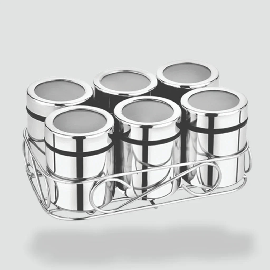 Stainless steel spice jars set in a metal rack, kitchen storage container